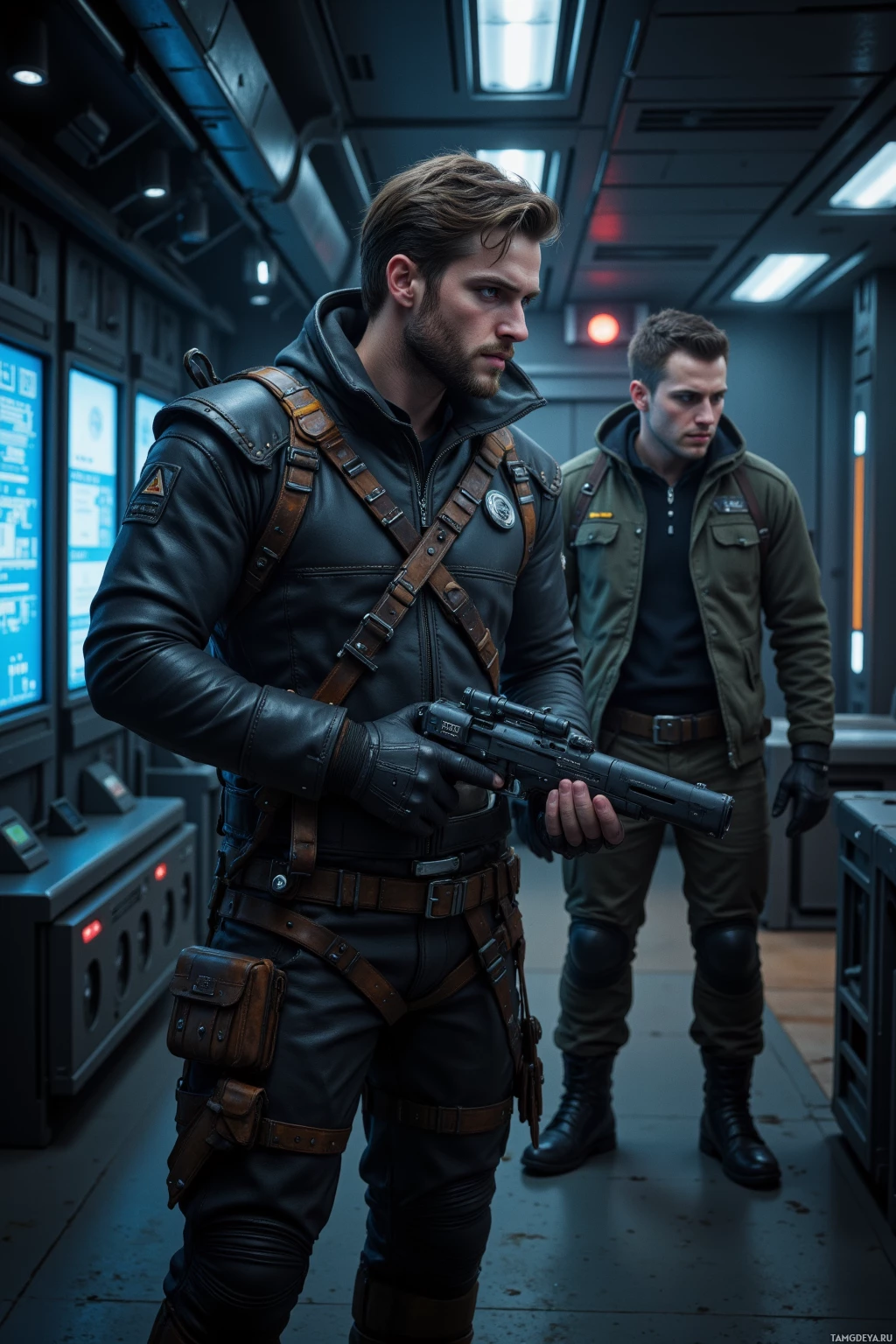 Realistic high quality photo. Male, 34, light brown hair, blue eyes, trimmed beard, rugged leather jacket with metallic studs, holding a quantum drift scanner and a sharp blade at his side, standing in a dimly lit orbital station at night, watching a data feed glow on his visor as a rookie scout stands beside him, the hum of machinery in the background.