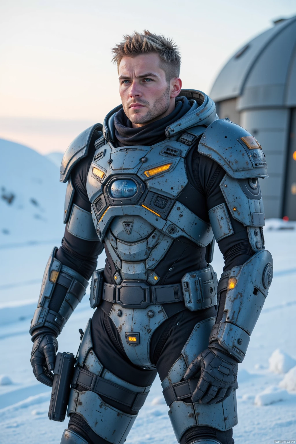 Realistic high quality photo. Muscular male soldier, 31, short dark blonde hair, blue eyes, fair skin, wearing high‑tech futuristic combat armor with helmet visor, standing alone outside a command bunker on a frozen ice dome, dawn light melting over the ice, stoic and precise posture.