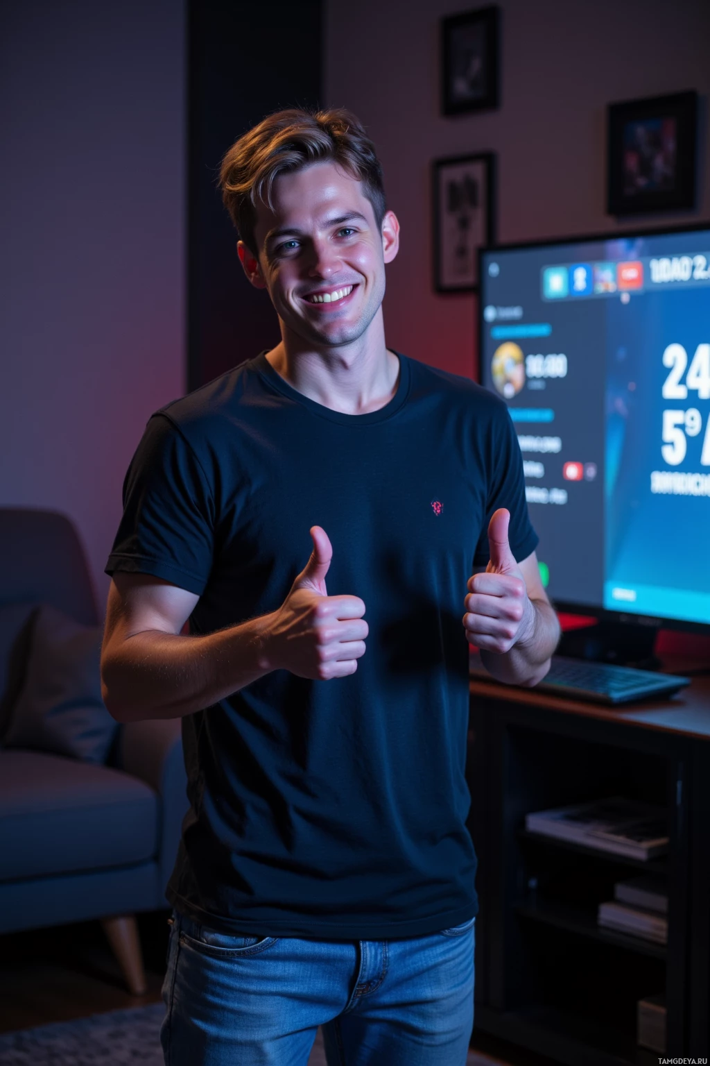 Realistic high quality photo. A 24‑year‑old man with messy light brown hair, blue eyes, pale skin, strong jawline, wearing a casual tee and relaxed‑fit jeans, standing in a dimly lit living room with a gaming monitor showing a leaderboard, laughing while raising a thumbs‑up gesture toward the camera, surrounded by the glow of the screen, evening.