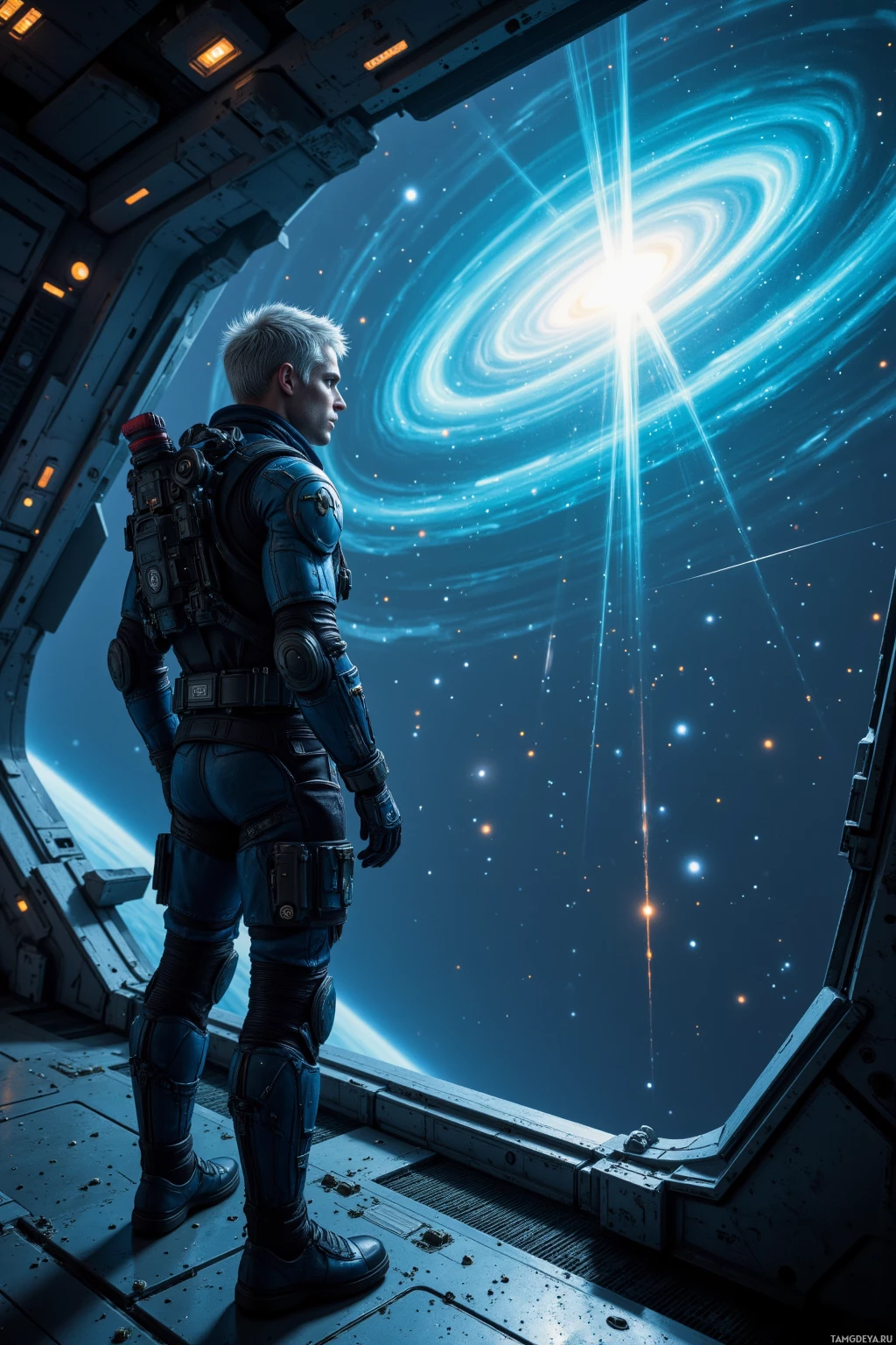 Realistic high quality photo. Tall male, 34, short silver hair, piercing blue eyes, wearing sleek tactical gear, standing on a spaceship deck with ion thrusters humming, observing an auroral flare against a dark void while mapping a trajectory with precise overlay, calm and focused posture, night in deep space.