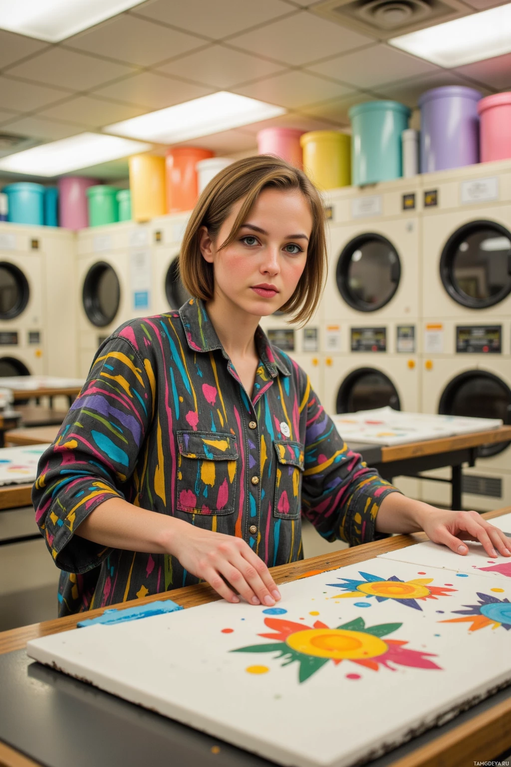 Realistic high quality photo. 33-year-old woman with short light brown hair, green eyes, wearing a layered oversized outfit in vibrant patterns, confidently arranging an abstract canvas amid folding tables and laundry machines in a laundromat pop-up gallery, surrounded by colorful dryer sheets, under warm fluorescent lighting.