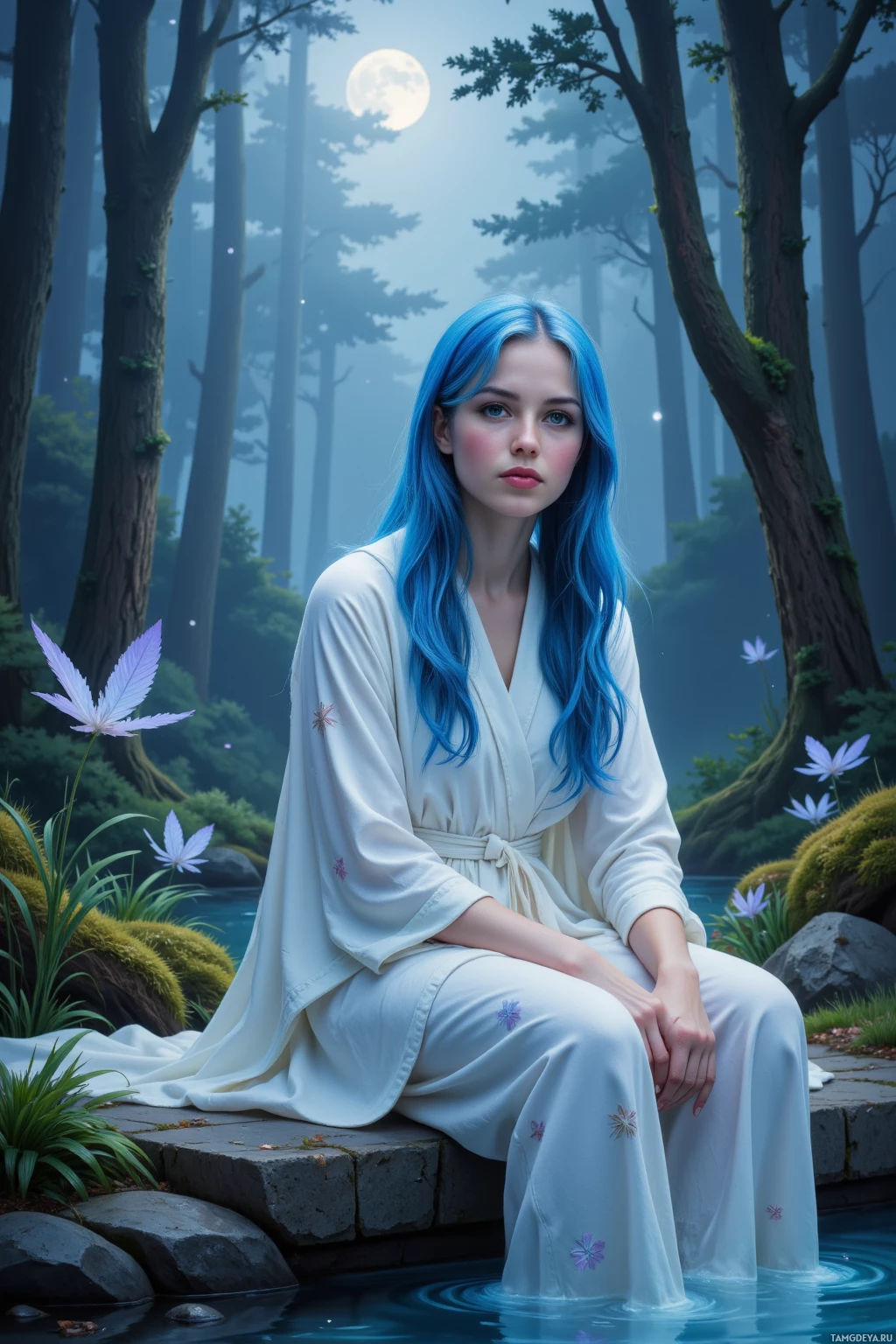 Realistic high quality photo. female, 31, soft blue hair in loose waves, bright blue eyes, pale skin, wearing flowing white robes adorned with feather patterns, seated beside a still forest pool at twilight, whispering to the forest while gentle sprites dance around her, moonlight dimming softly.