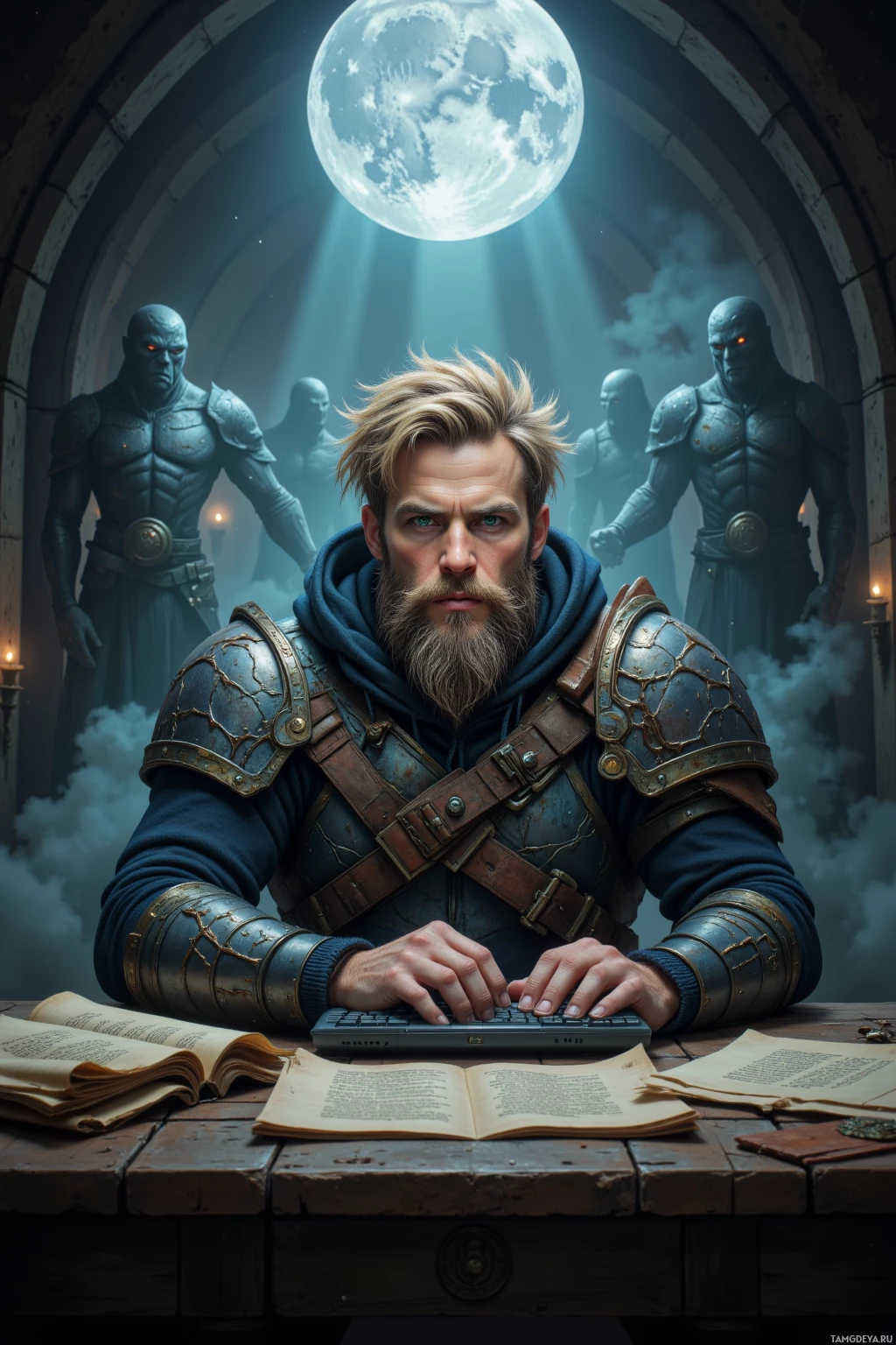Realistic high quality photo. Nighttime, a broad‑shouldered 32‑year‑old man with messy blonde hair, piercing blue eyes, green‑dyed beard, wearing a fantasy‑style armor hoodie over dark comfortable clothing, sits at a cluttered desk surrounded by ancient orcish scrolls and a humming keyboard, with a silver grinder moon hanging above, as pixelated cryptid silhouettes drift in a misty digital fog, embodying his sarcastic, creative modder personality.