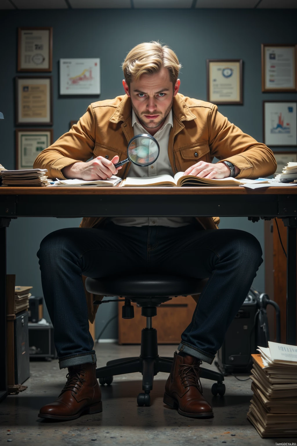 Realistic high quality photo. Male, 34, short blonde hair, blue eyes, pale skin, wearing a worn tan jacket over a white shirt, dark jeans, brown leather boots, holding a magnifying glass with a sarcastic grin, hunched over a cluttered desk full of Excel spreadsheets and government documents in a dimly lit municipal office, looking exhausted yet methodical.