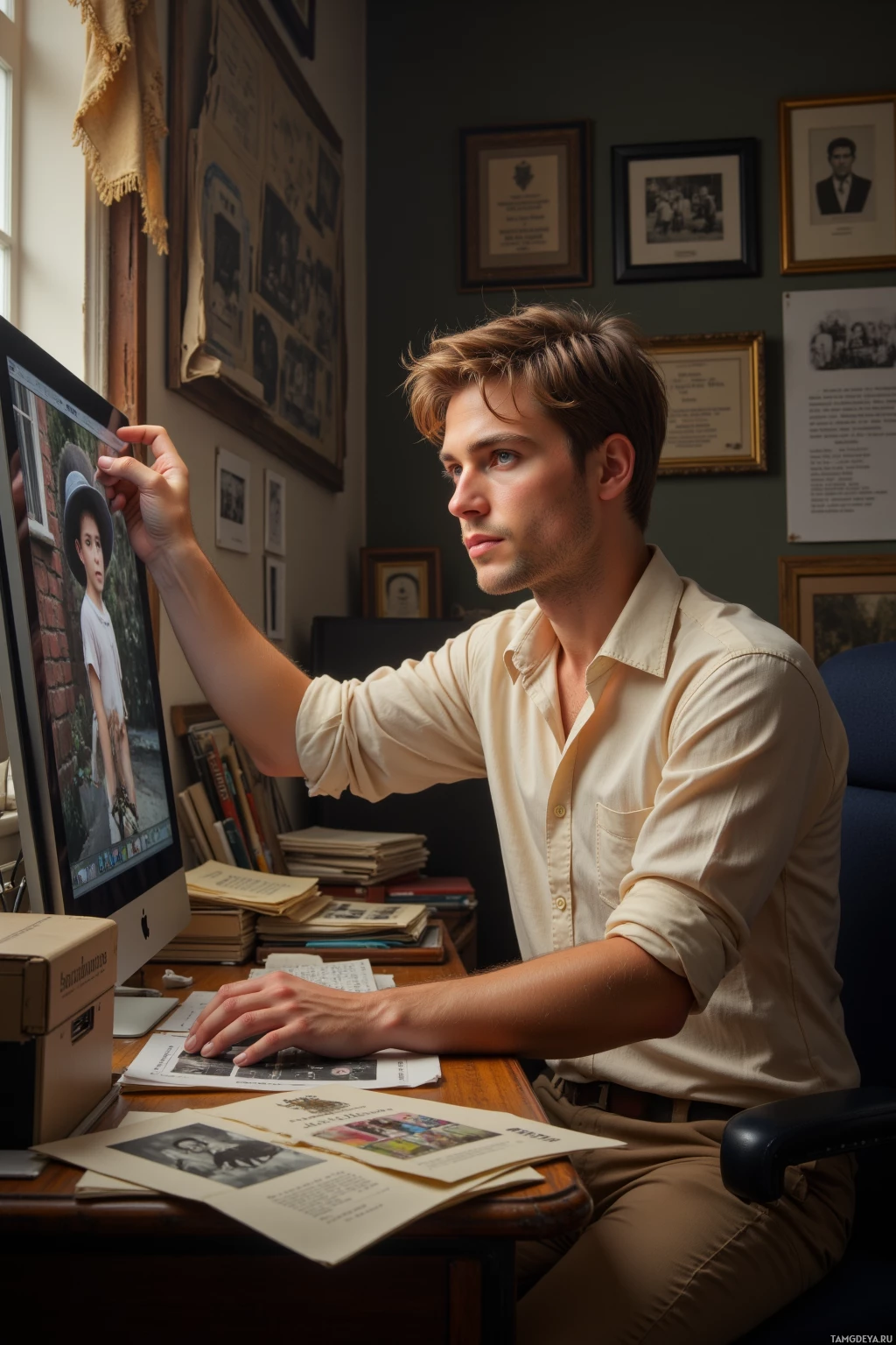 Realistic high quality photo. Male, 28, messy light brown hair, blue eyes, pale shirt with rolled sleeves, beige trousers, sits in a cluttered evening home office, adjusting a missing hat on a boy in a 1940s family photo on a computer monitor, surrounded by scattered prints and disorganized digital folders.