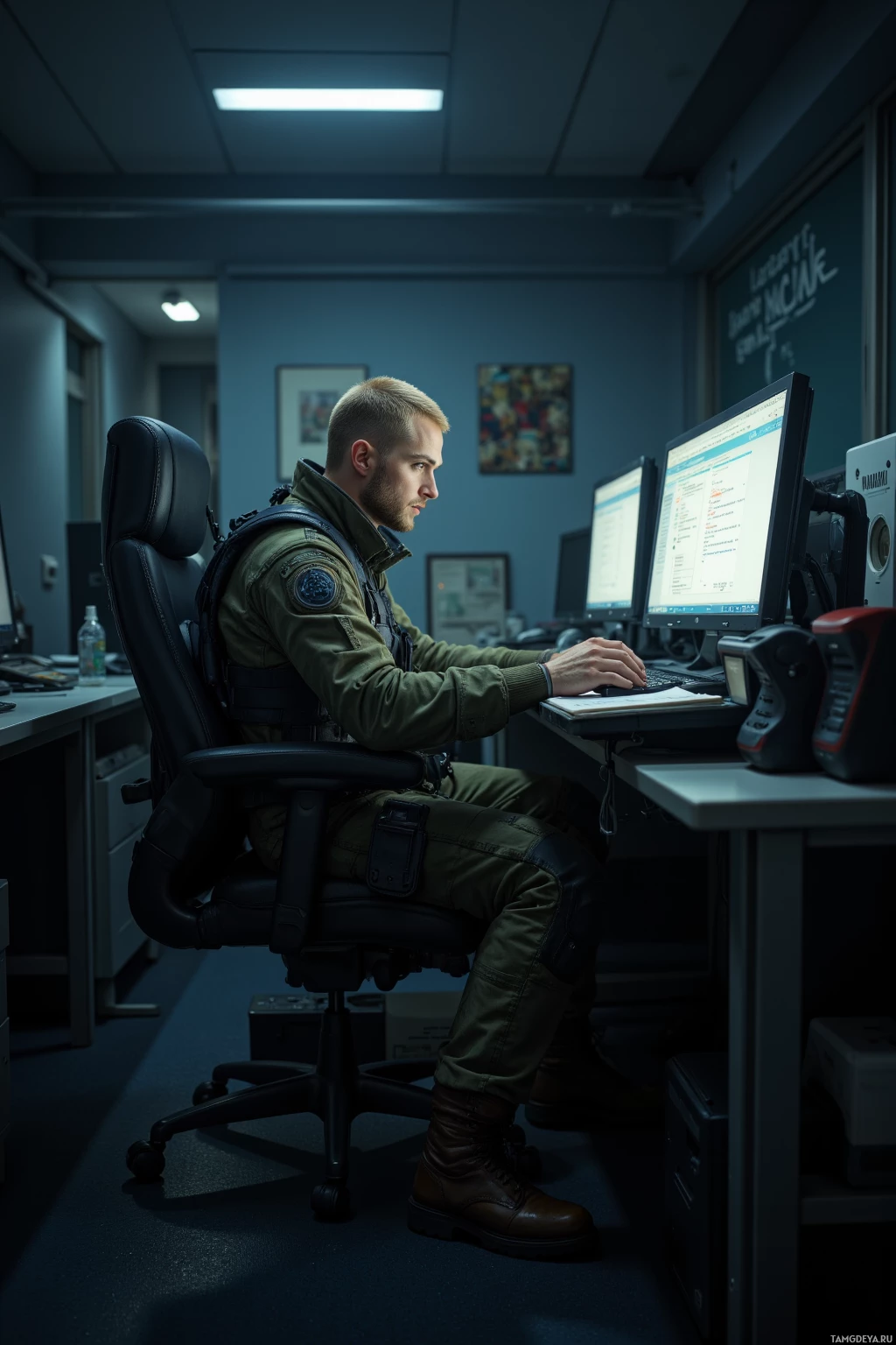 Realistic high quality photo. Male, 29, blonde buzz cut, blue eyes, angular face, in worn tactical gear and sturdy combat boots, sits alone at a dim office desk at night, typing with calm focus, surrounded by the glow of computer screens and faint distant footsteps, closed notebook in hand, methodical and isolated.