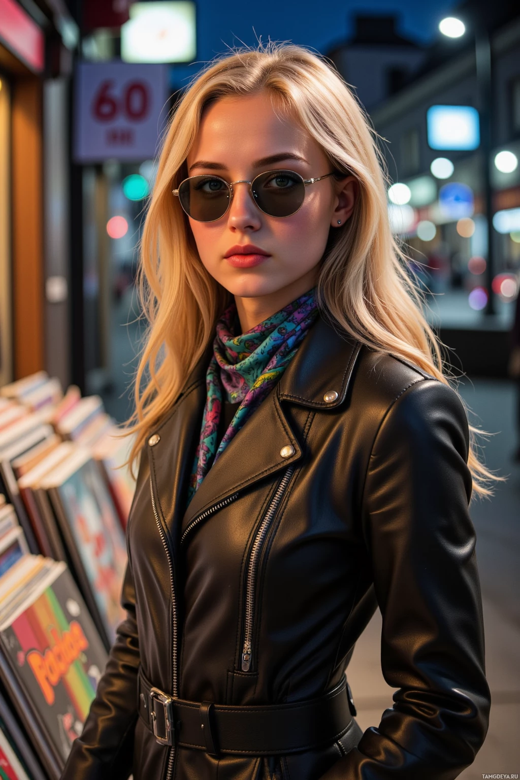 Realistic high quality photo. Confident 27‑year‑old woman with long wavy blonde hair, bright blue eyes, fair skin, wearing a metallic vinyl jacket, holographic scarf, sunglasses, standing among a stack of 80s synth albums in a dimly lit music store at night, city lights glowing through the window.