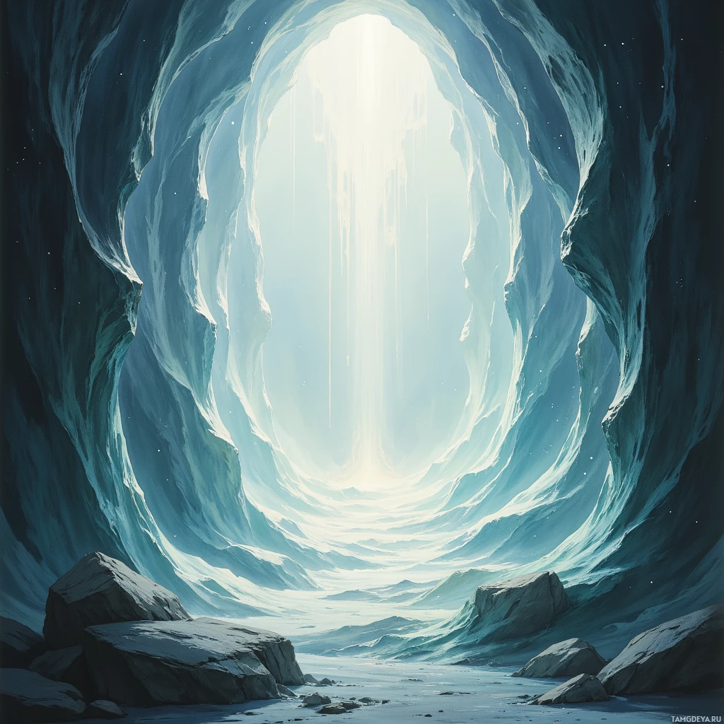 A serene, icy cave with light streaming through an opening.