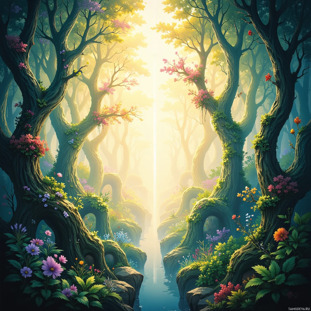 A serene forest scene with tall, twisted trees adorned with vibrant flowers and lush greenery.