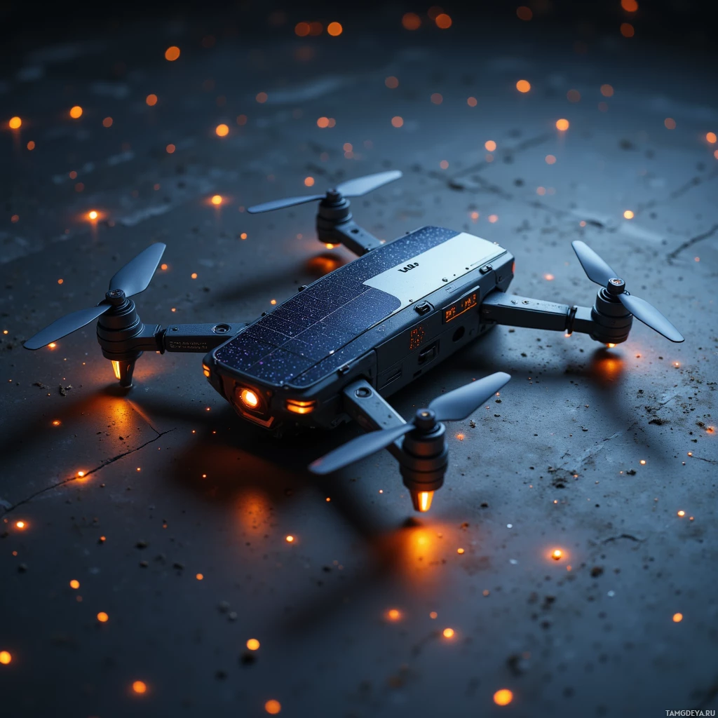 A futuristic drone with illuminated propellers and a sleek design is shown against a dark, textured background.