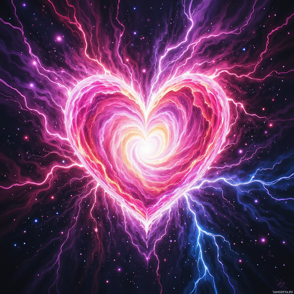 A vibrant, electric heart with swirling colors and lightning-like streaks against a starry background.