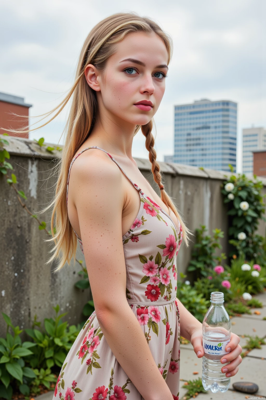 A person in a floral dress holds a water bottle against a backdrop of a cityscape and greenery.