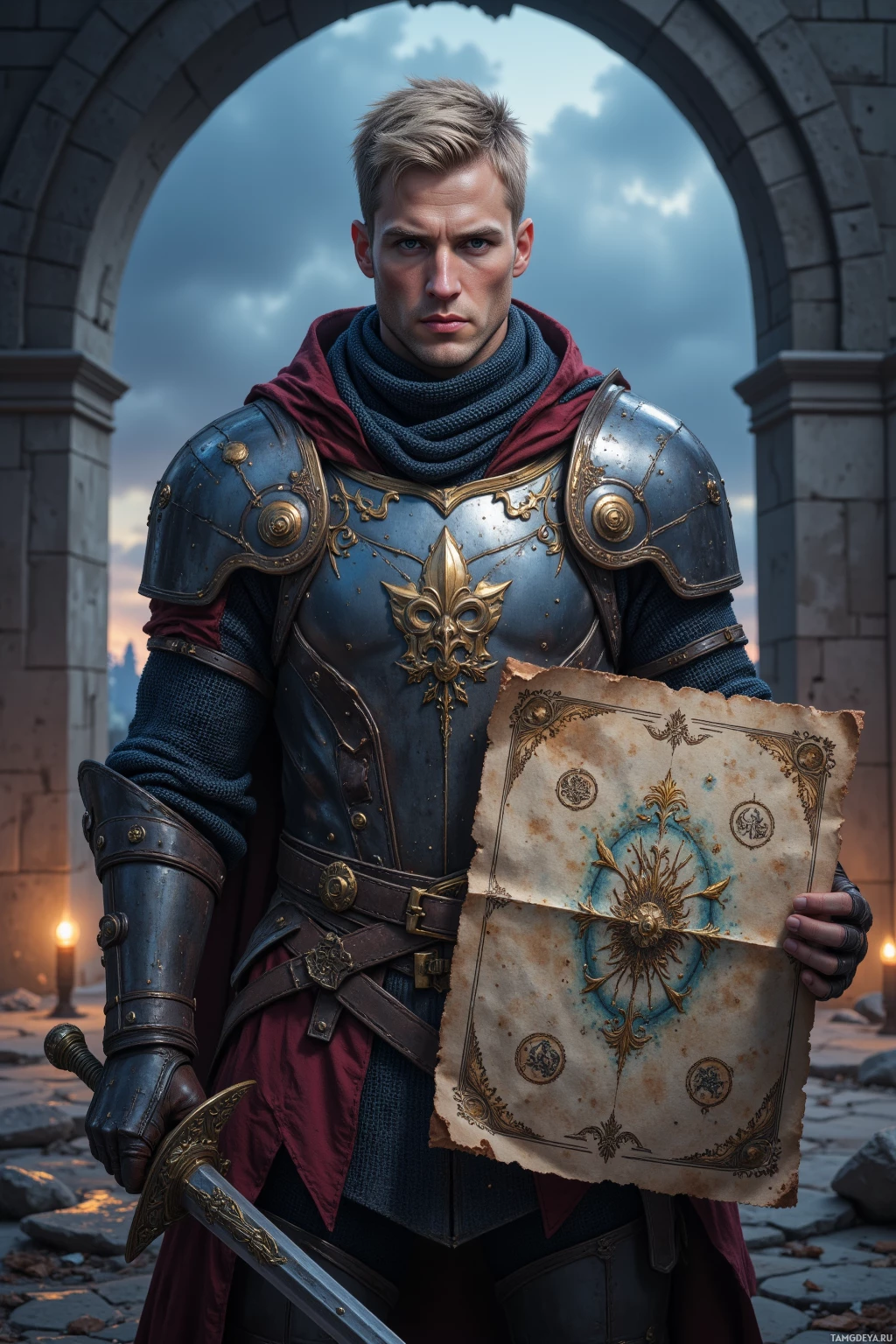 A knight in ornate armor holds a detailed map.