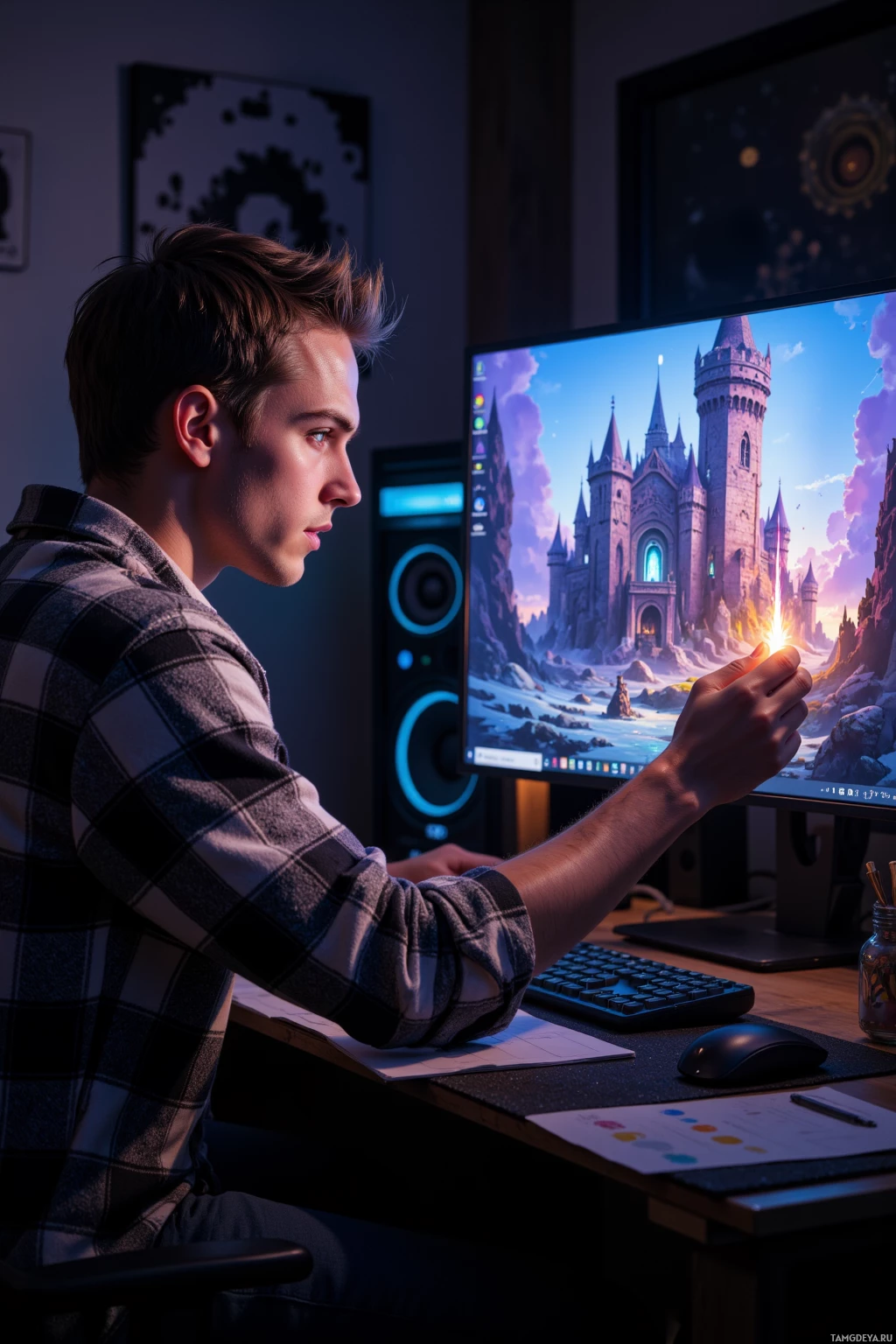 A person is sitting at a desk, working on a computer with a castle-themed wallpaper.