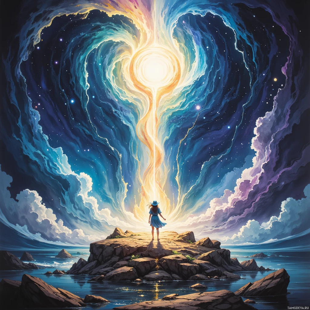 A person stands on rocky terrain overlooking an ocean under a vibrant sky with swirling clouds and a bright light source above.