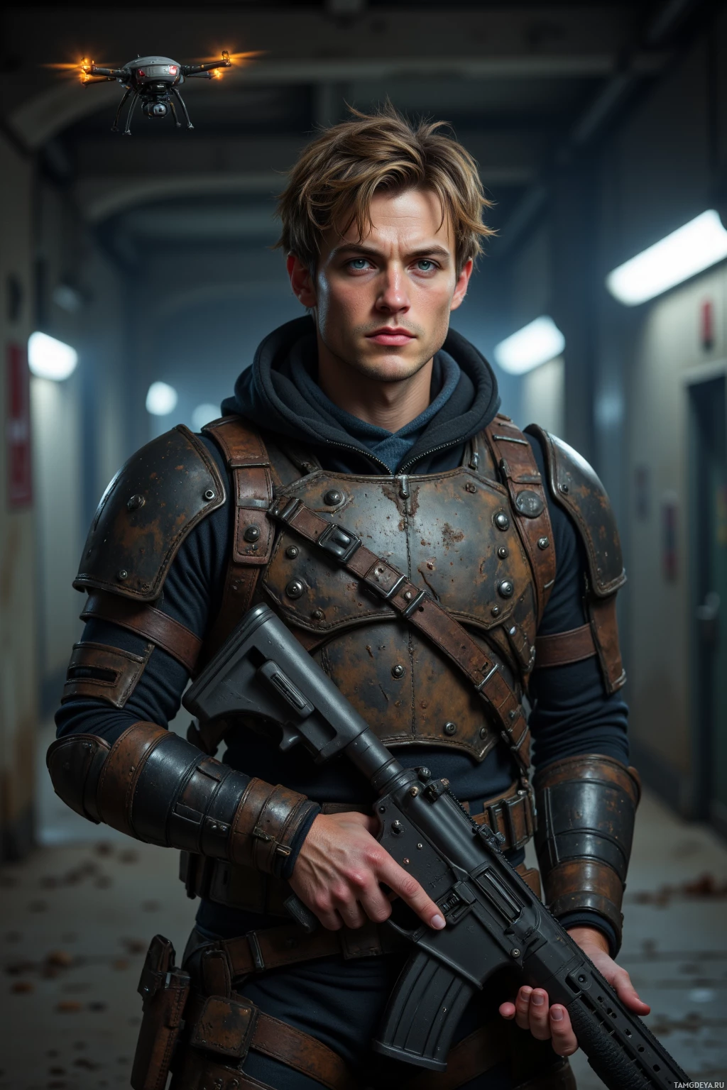 A person in futuristic armor holds a rifle and stands in an industrial hallway with a drone hovering above.