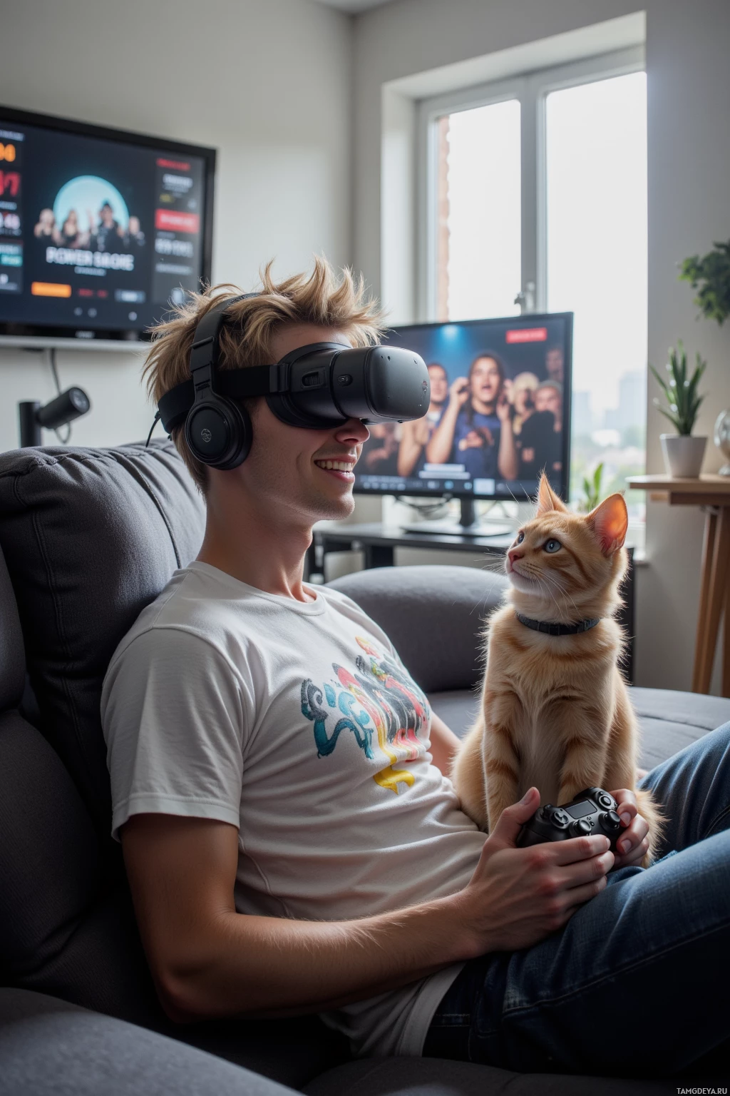 A person wearing a VR headset and holding a controller sits on a couch with a cat beside them.