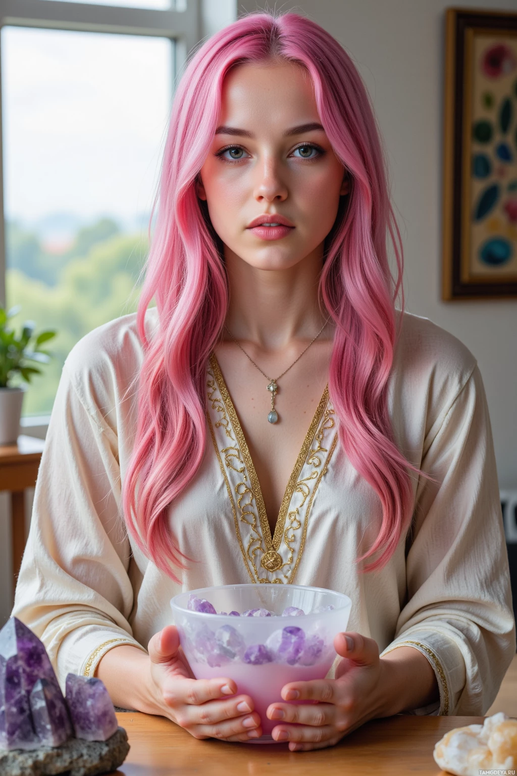 A person with pink hair holds a bowl of purple crystals.