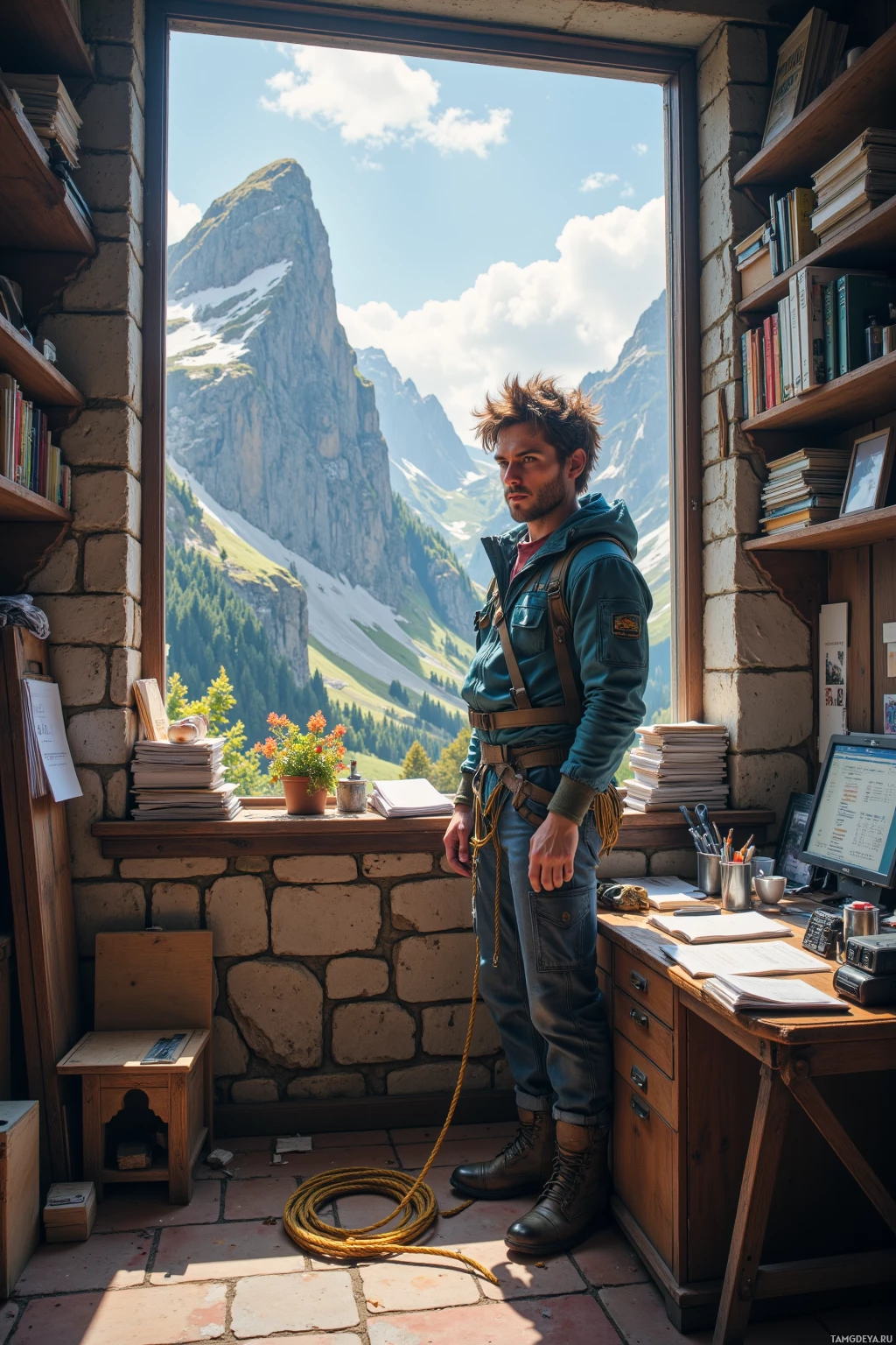 A person stands in front of an open window with a scenic mountain view, surrounded by books and climbing gear inside.