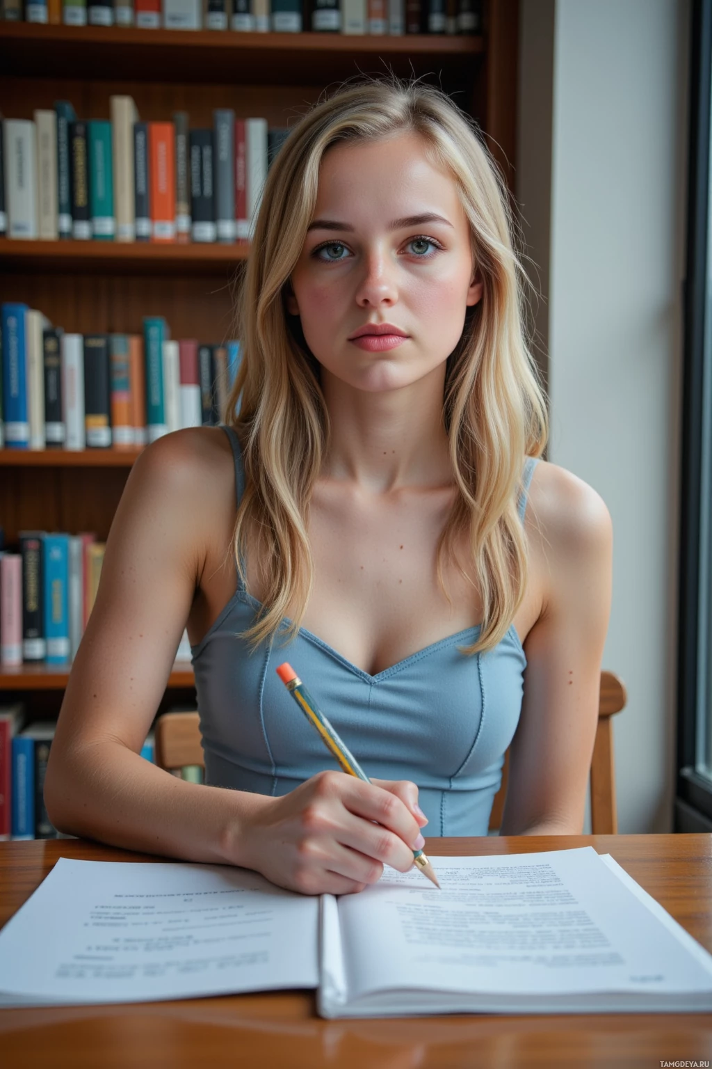 A person in a blue top is sitting at a desk, writing in a notebook with a pencil.