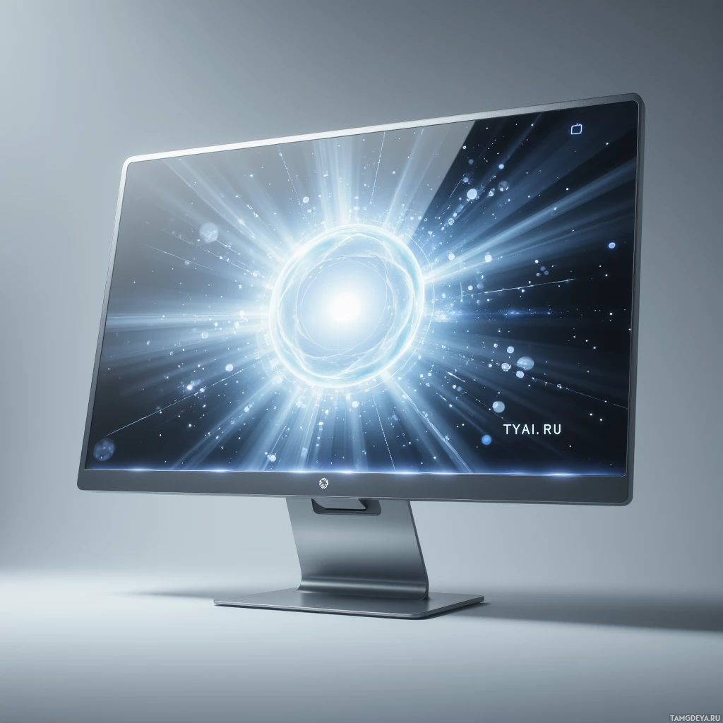 A sleek computer monitor displaying a glowing, abstract design.