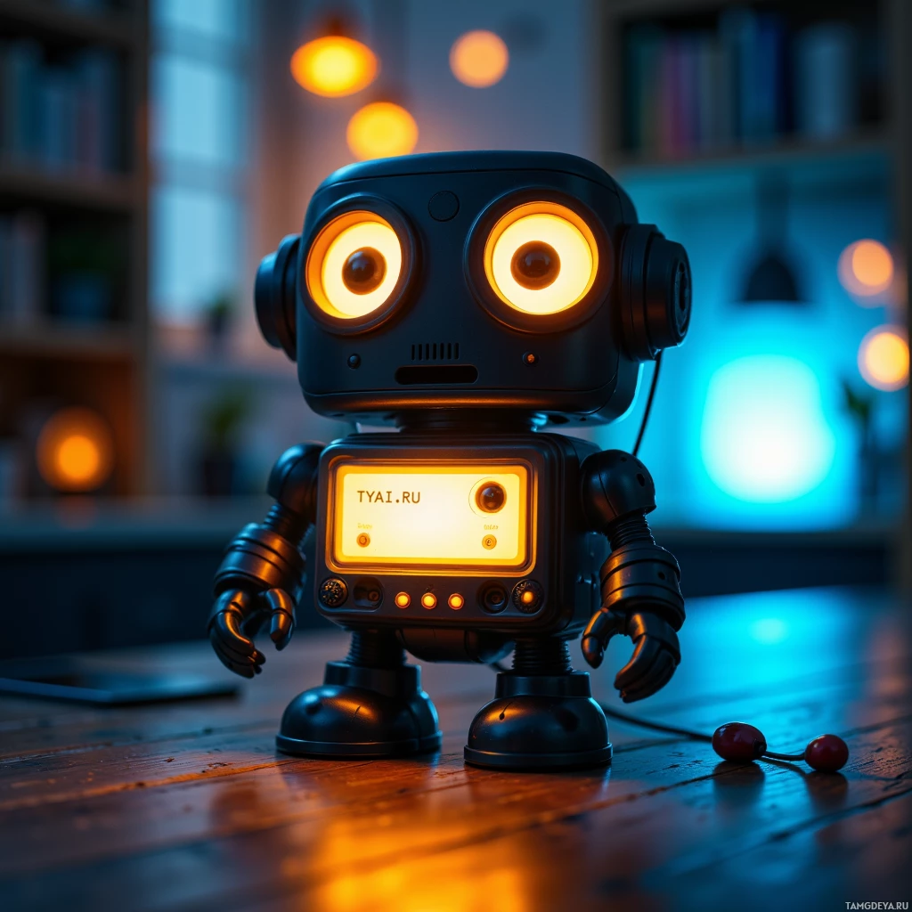 A small, retro-style robot with glowing eyes and a display screen stands on a wooden surface.