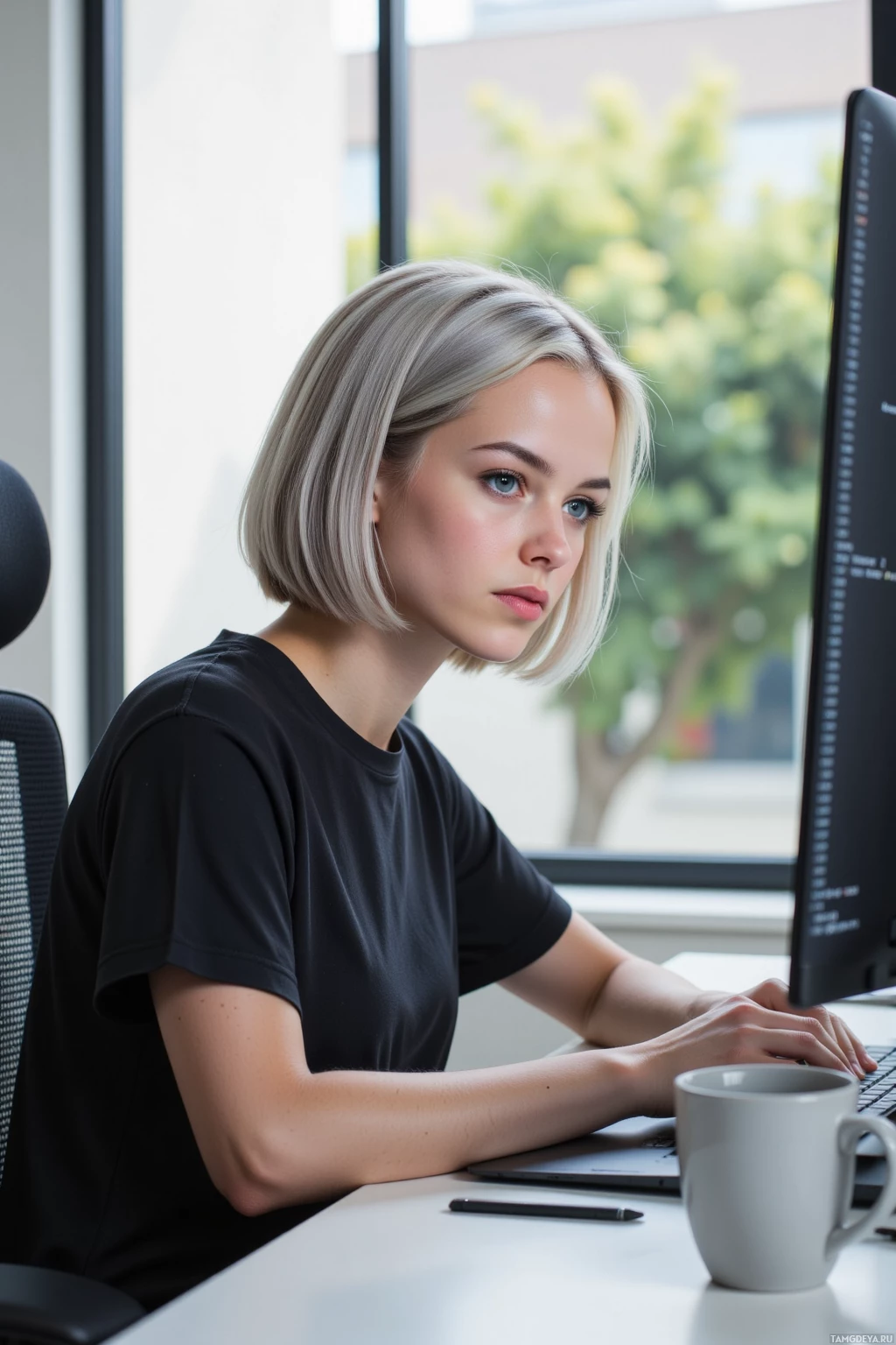 A person with short blonde hair sits at a desk working on a computer in an office setting.