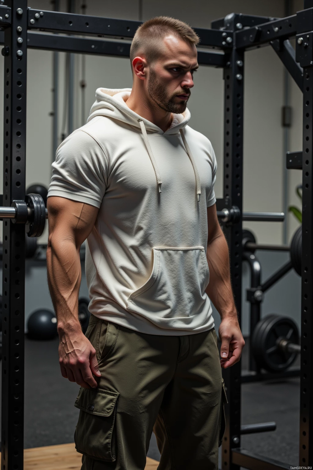 A man in a gym wearing a white hoodie and olive green cargo pants stands near weightlifting equipment.