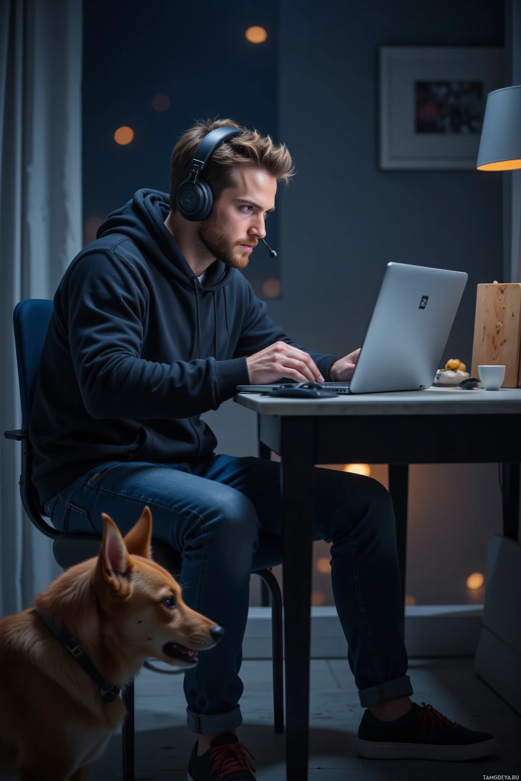 A person wearing headphones works on a laptop at a desk, with a dog sitting nearby.