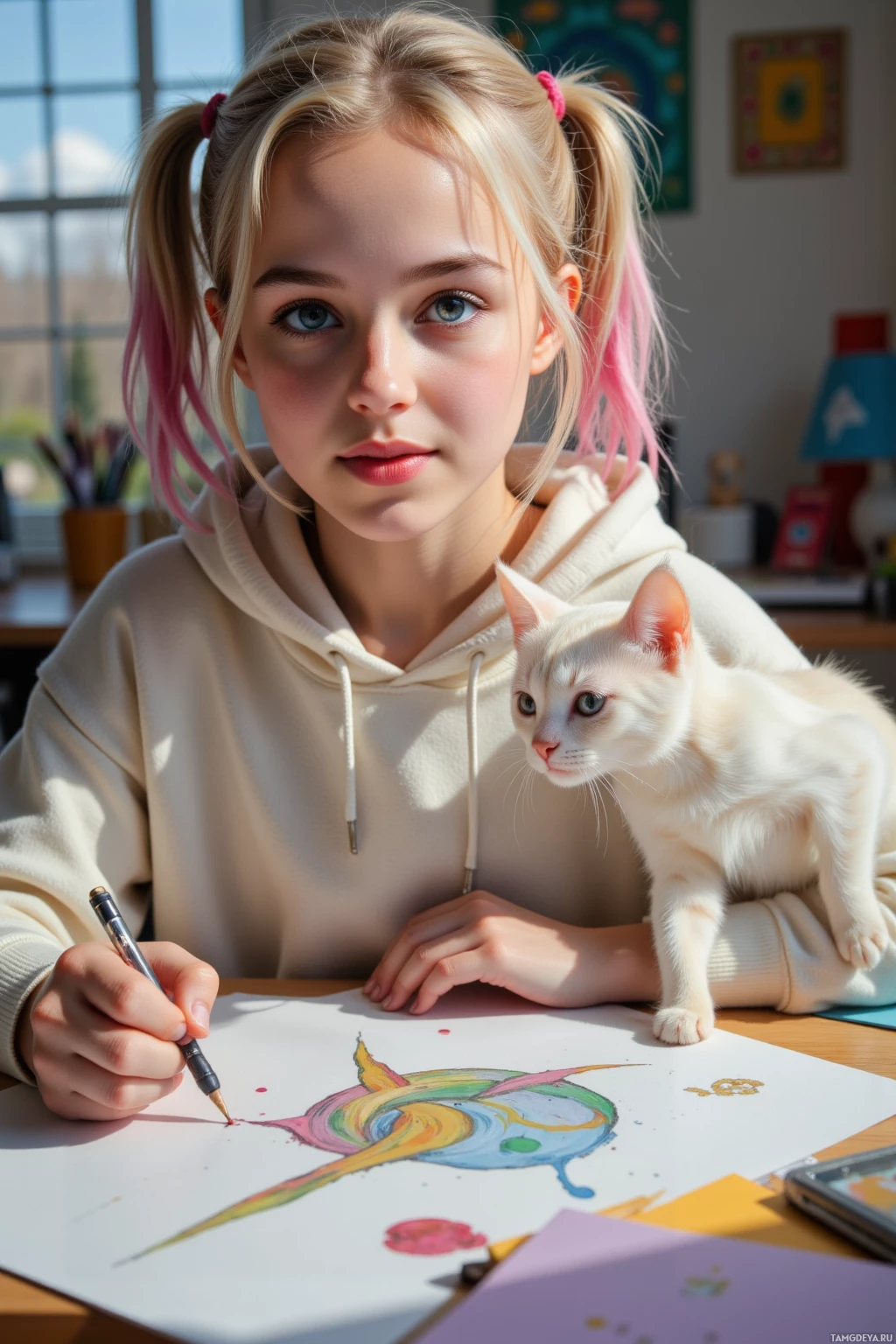 A young person wearing a hoodie is drawing with a cat perched on their shoulder in a cozy indoor setting.