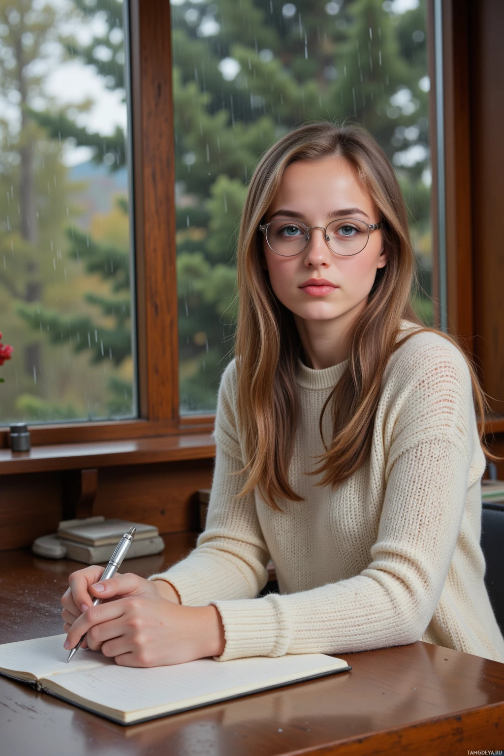 A person wearing glasses sits at a desk, writing in a notebook with a pen, with a rainy window view in the background.
