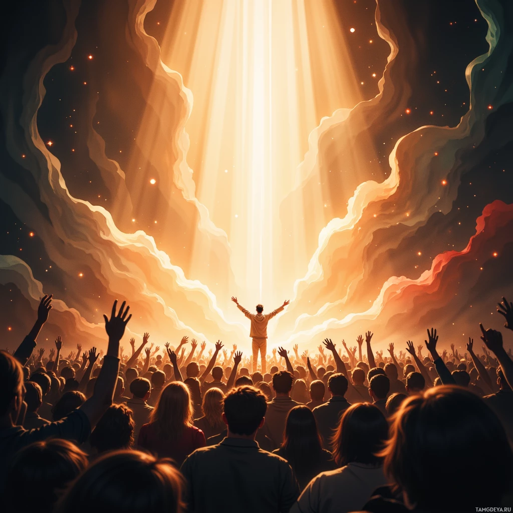 A person stands with arms raised amidst a crowd, illuminated by a radiant light beam and swirling clouds.