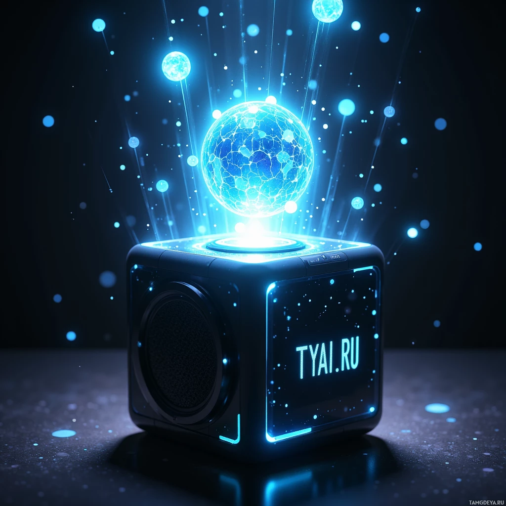 A glowing, futuristic cube with the text "TYAI.RU" on its side, emitting blue light and surrounded by floating spheres.