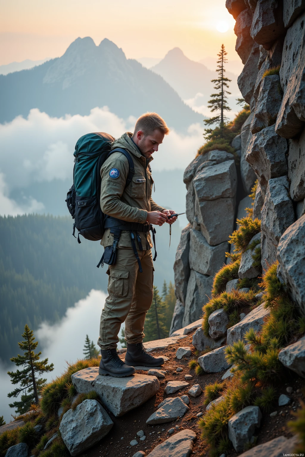 A hiker stands on rocky terrain at sunset, examining something in their hands with mountains and trees in the background.