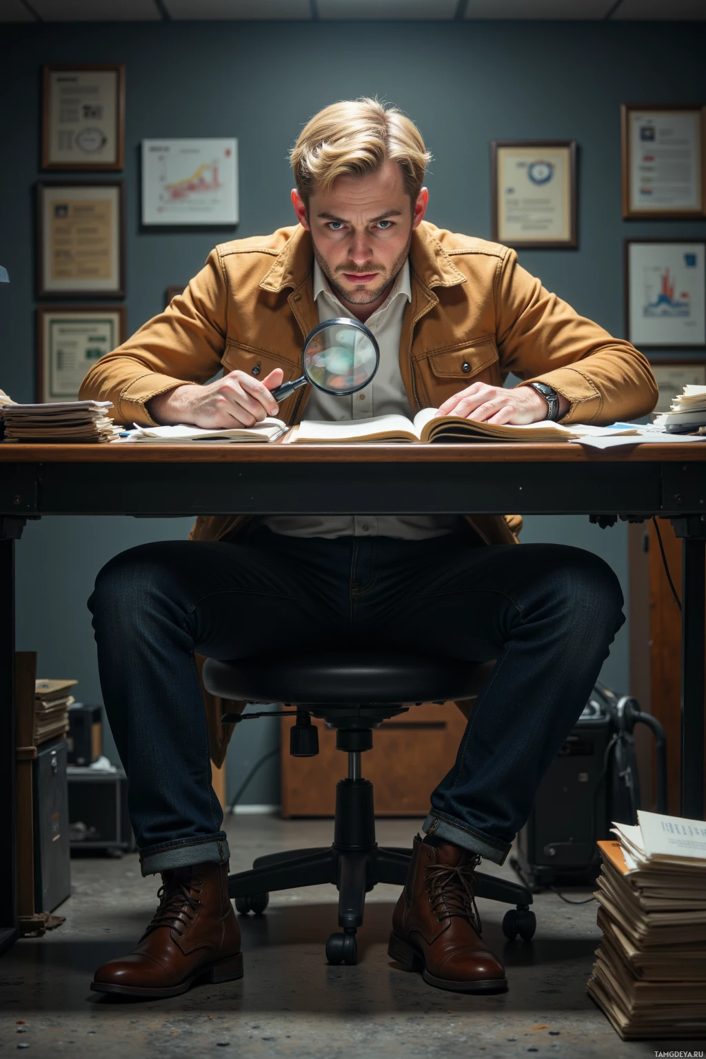 A person is sitting at an office desk examining a book with a magnifying glass.