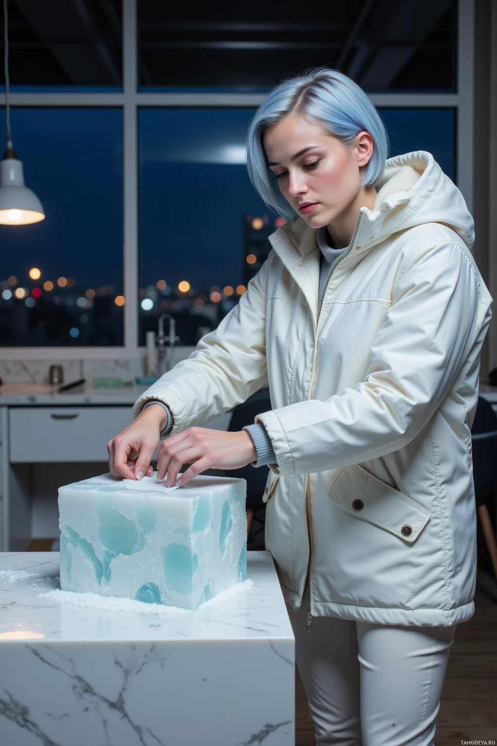 A person in a white jacket is decorating a large cube-shaped cake with blue and white icing on a marble countertop at night.