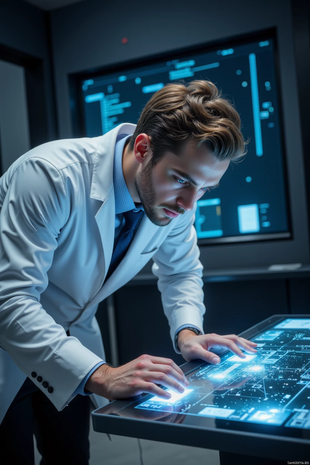 A person in a lab coat is interacting with a futuristic touchscreen interface.