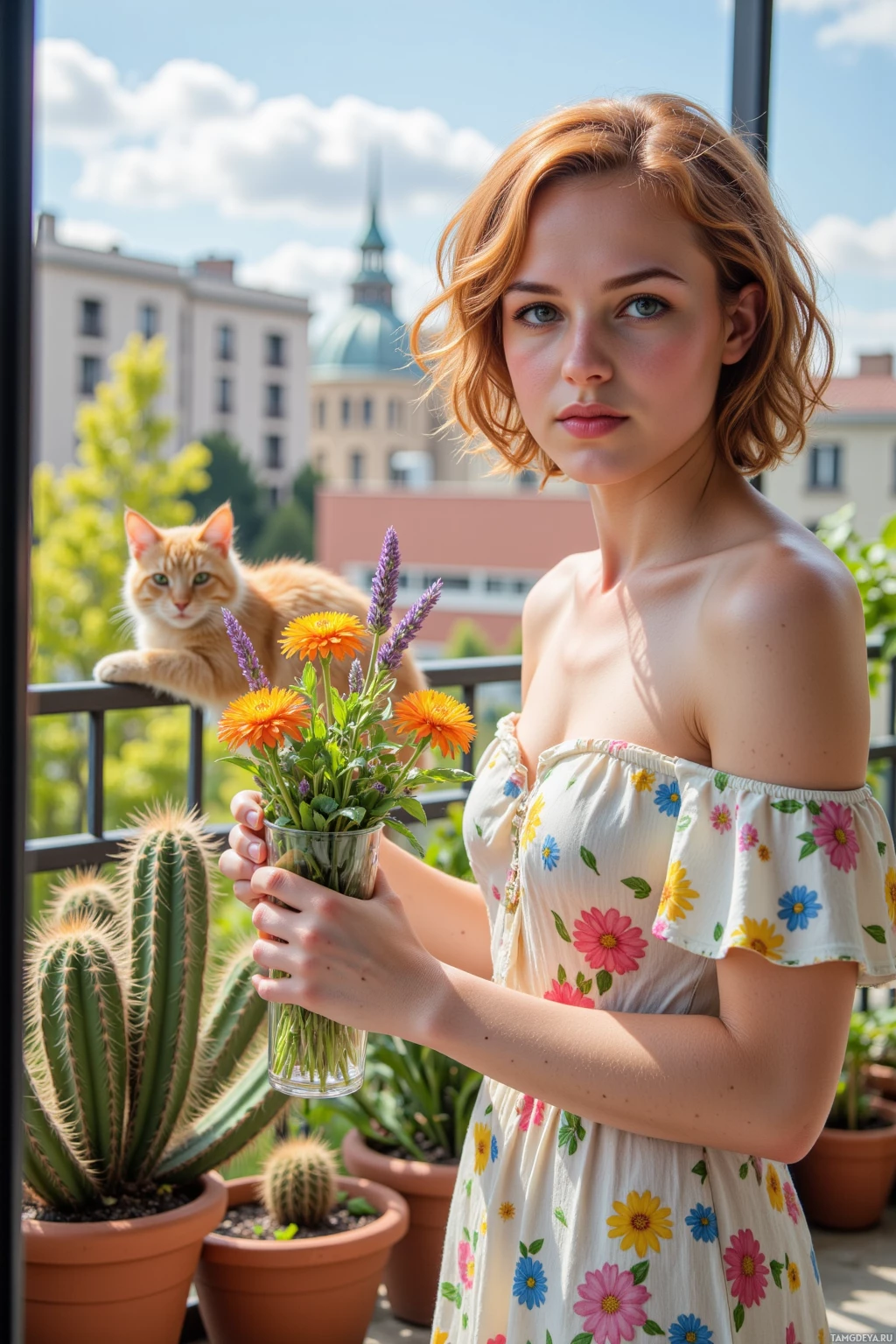 A person in a floral dress holds a vase with flowers on a balcony with potted plants and a cat in the background.
