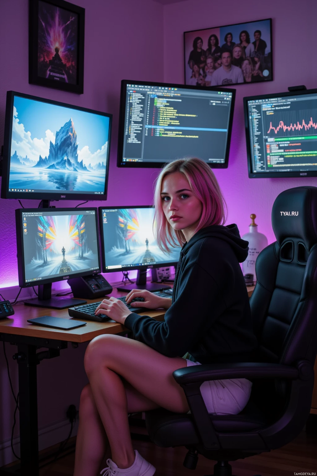 A person sits at a desk with multiple monitors displaying various content, wearing a hoodie and sneakers.