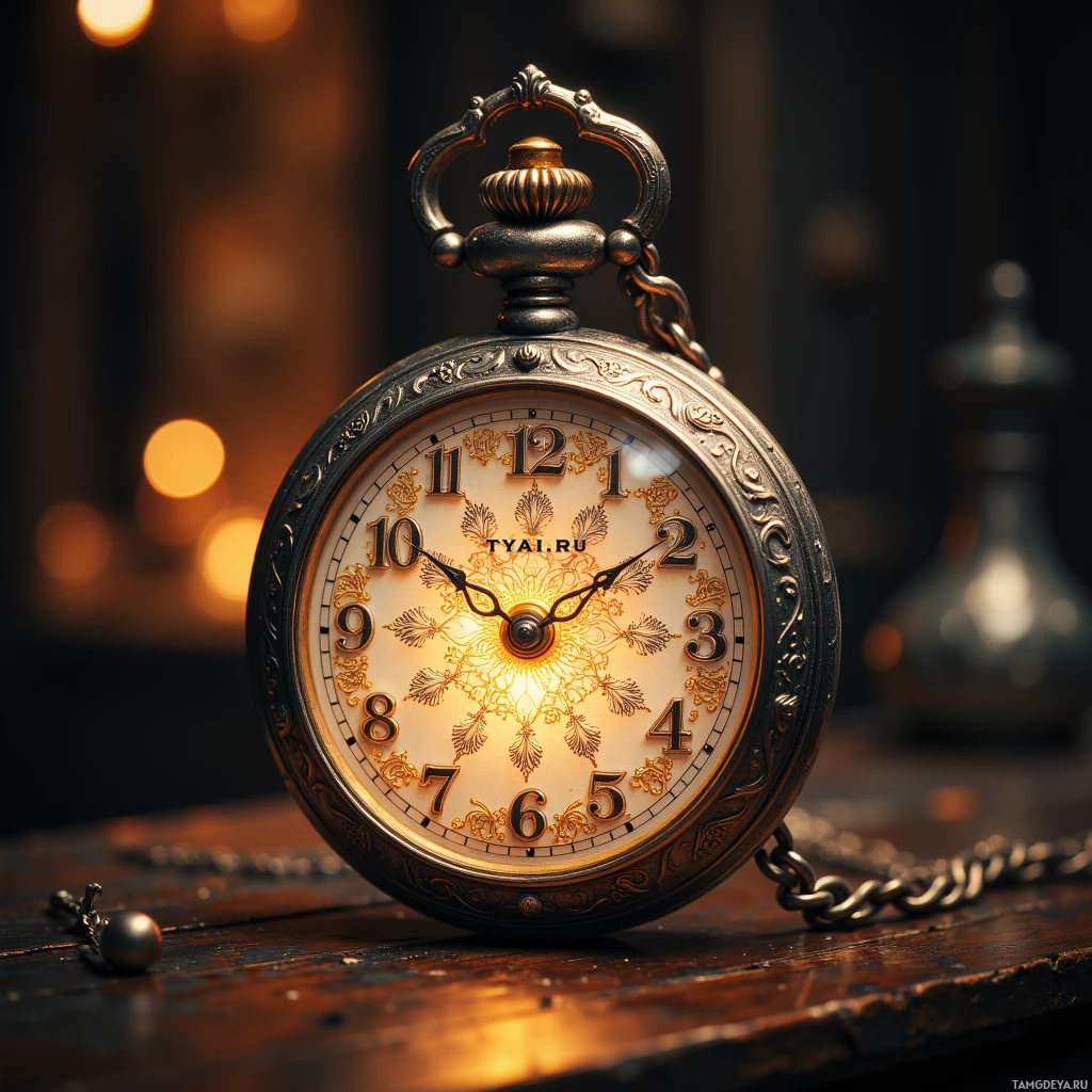A vintage pocket watch with ornate detailing and a chain is displayed on a wooden surface against a softly lit background.