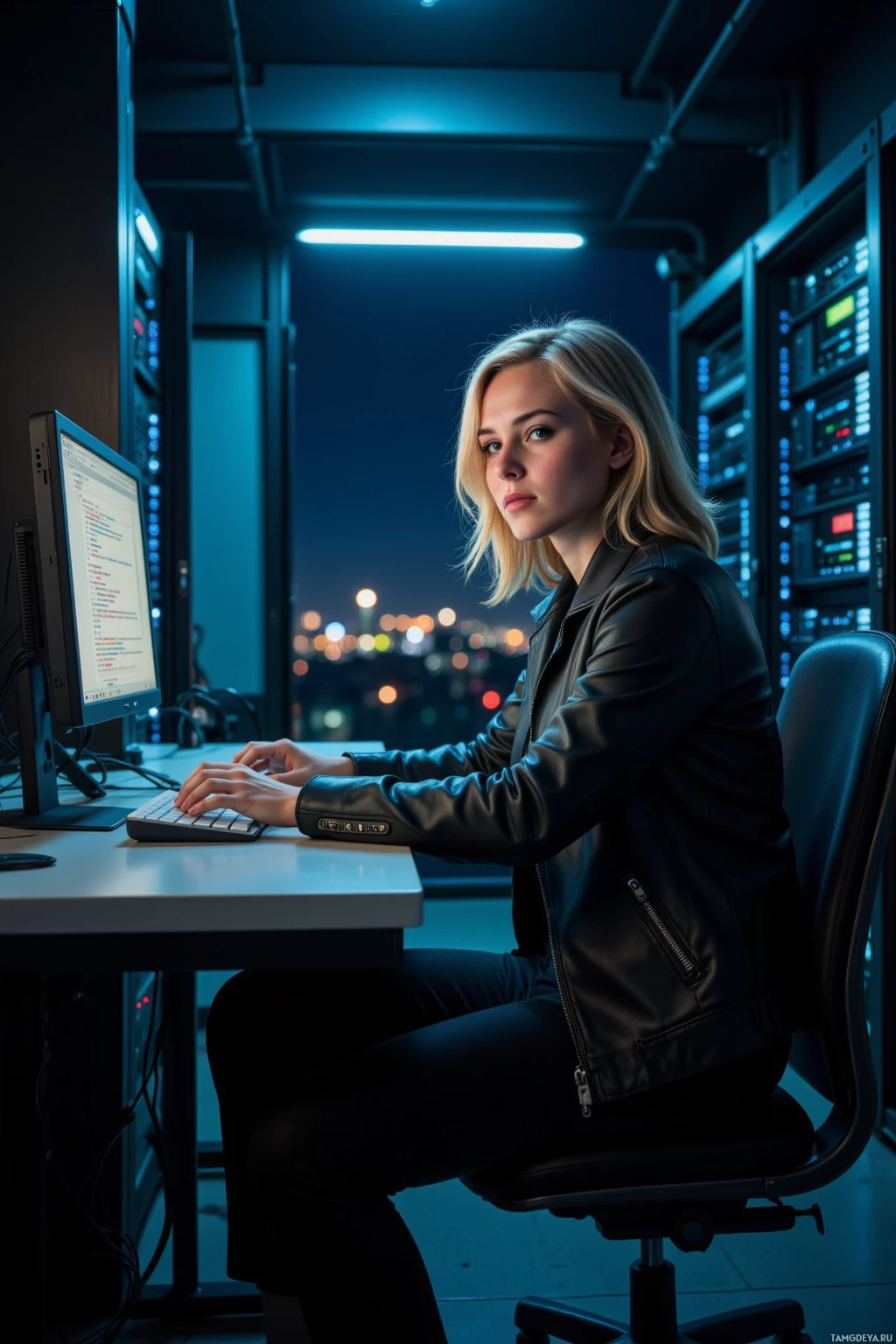 A person in a leather jacket sits at a desk working on a computer in a dimly lit room with server racks and city lights visible through the window.