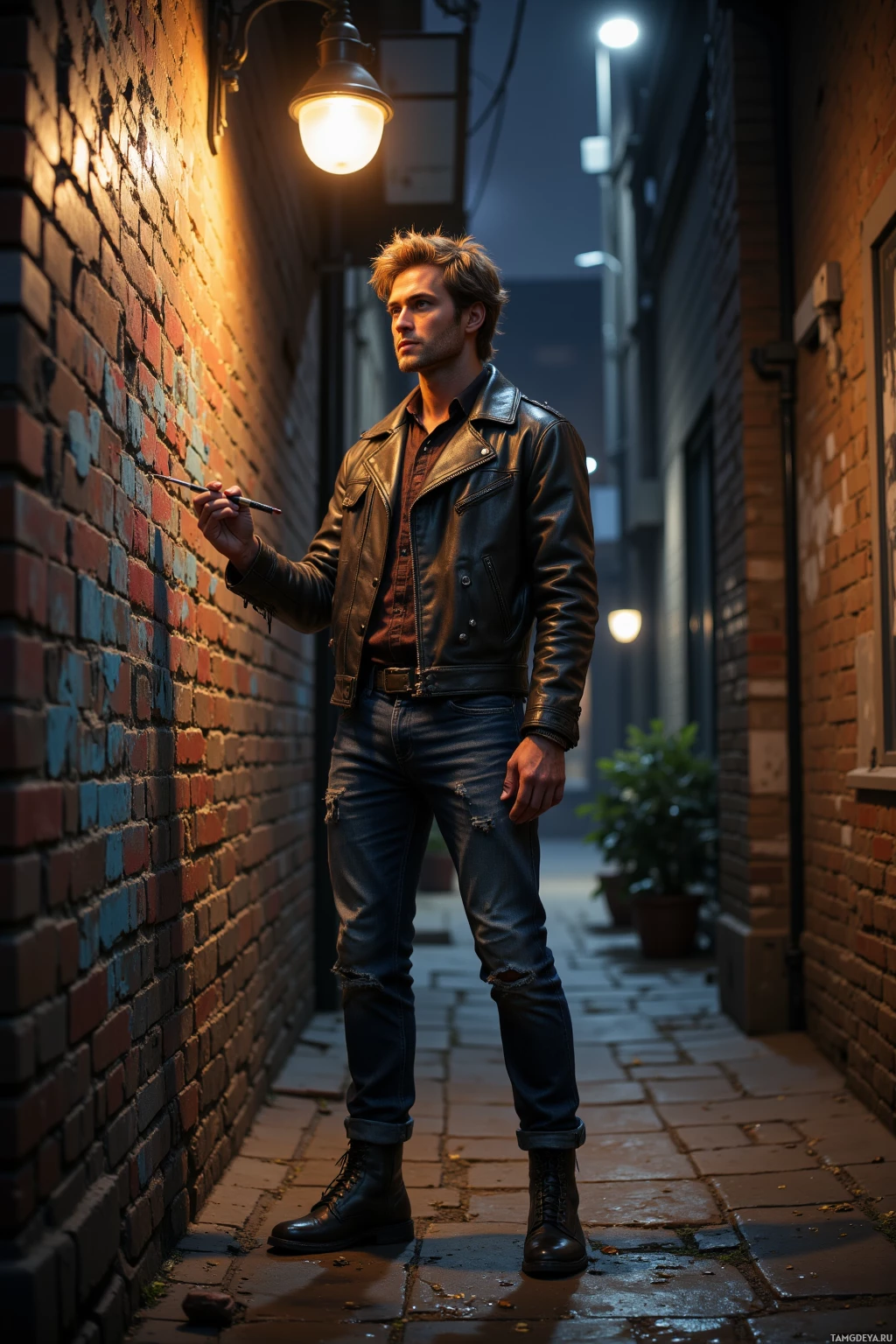 A man in a leather jacket and jeans stands in an alleyway at night, holding something small in his hand.