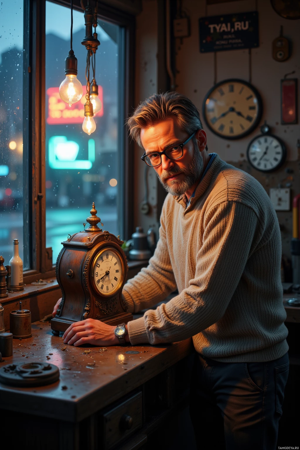 A man leans on an antique clock in a workshop setting with vintage decor and warm lighting.