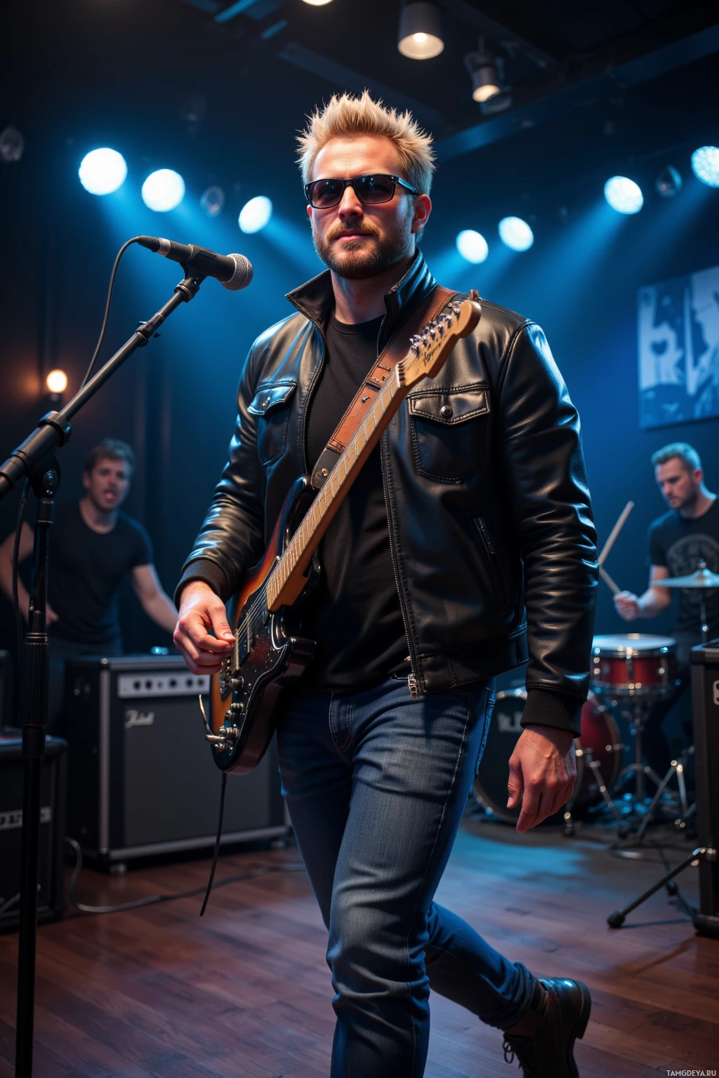 A musician in a leather jacket plays guitar on stage with a microphone and band equipment in the background.