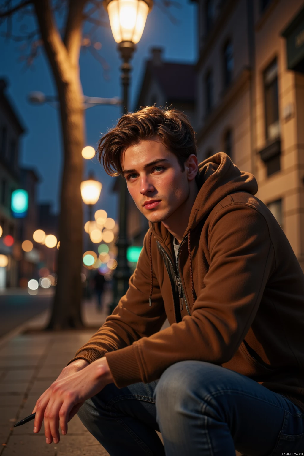 A person in a brown hoodie and jeans sits on a sidewalk at dusk, with streetlights and buildings in the background.