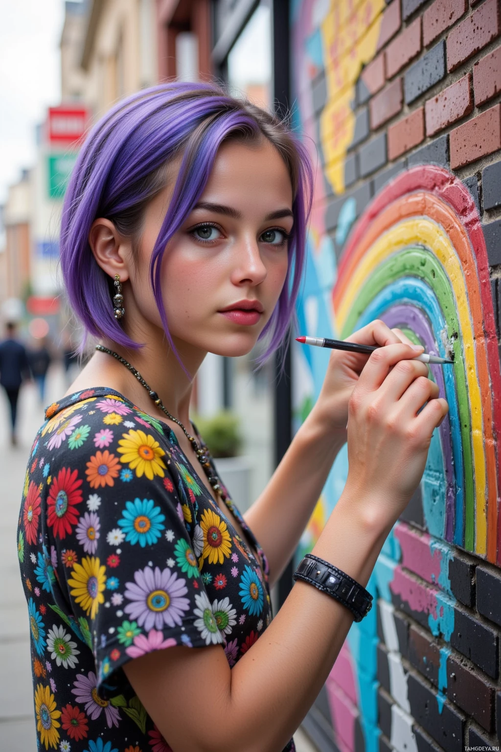 A person with purple hair is painting a colorful rainbow mural on a brick wall.