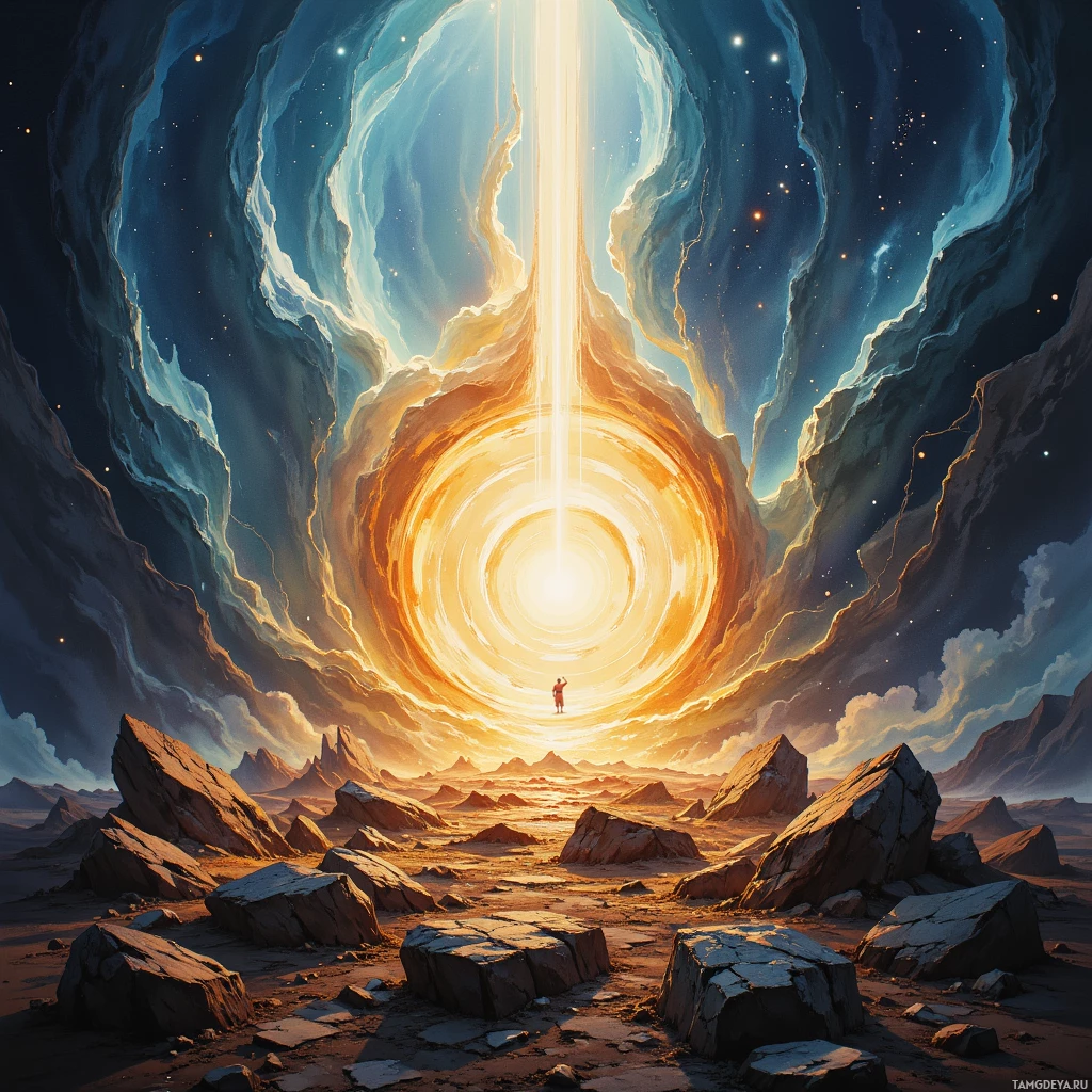 A lone figure stands in a barren landscape, gazing at a bright, glowing portal in the sky.