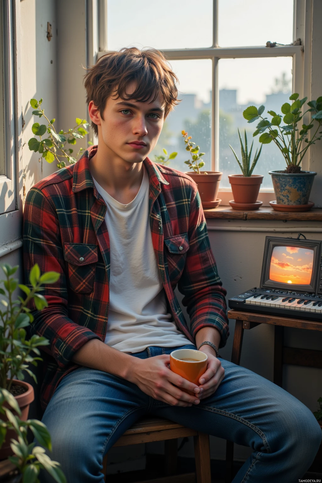 A person sits by a window with potted plants, holding an orange mug and wearing a plaid shirt over a white t-shirt.
