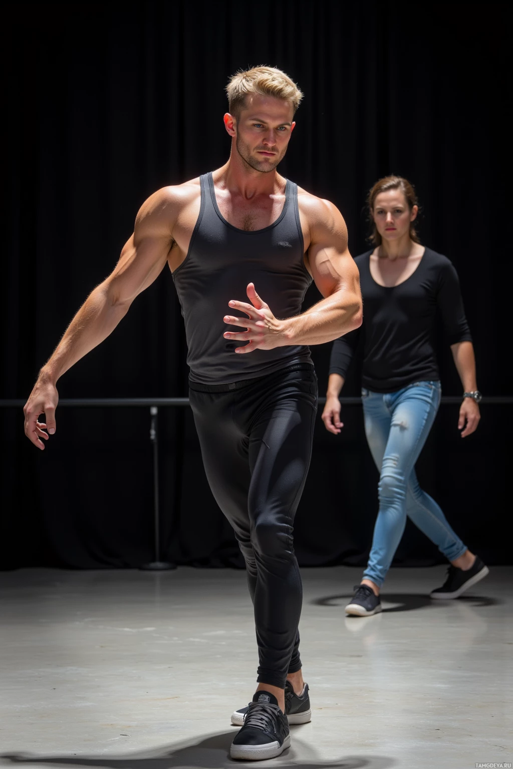 A man in a black tank top and leggings is dancing on stage with another person walking behind him.