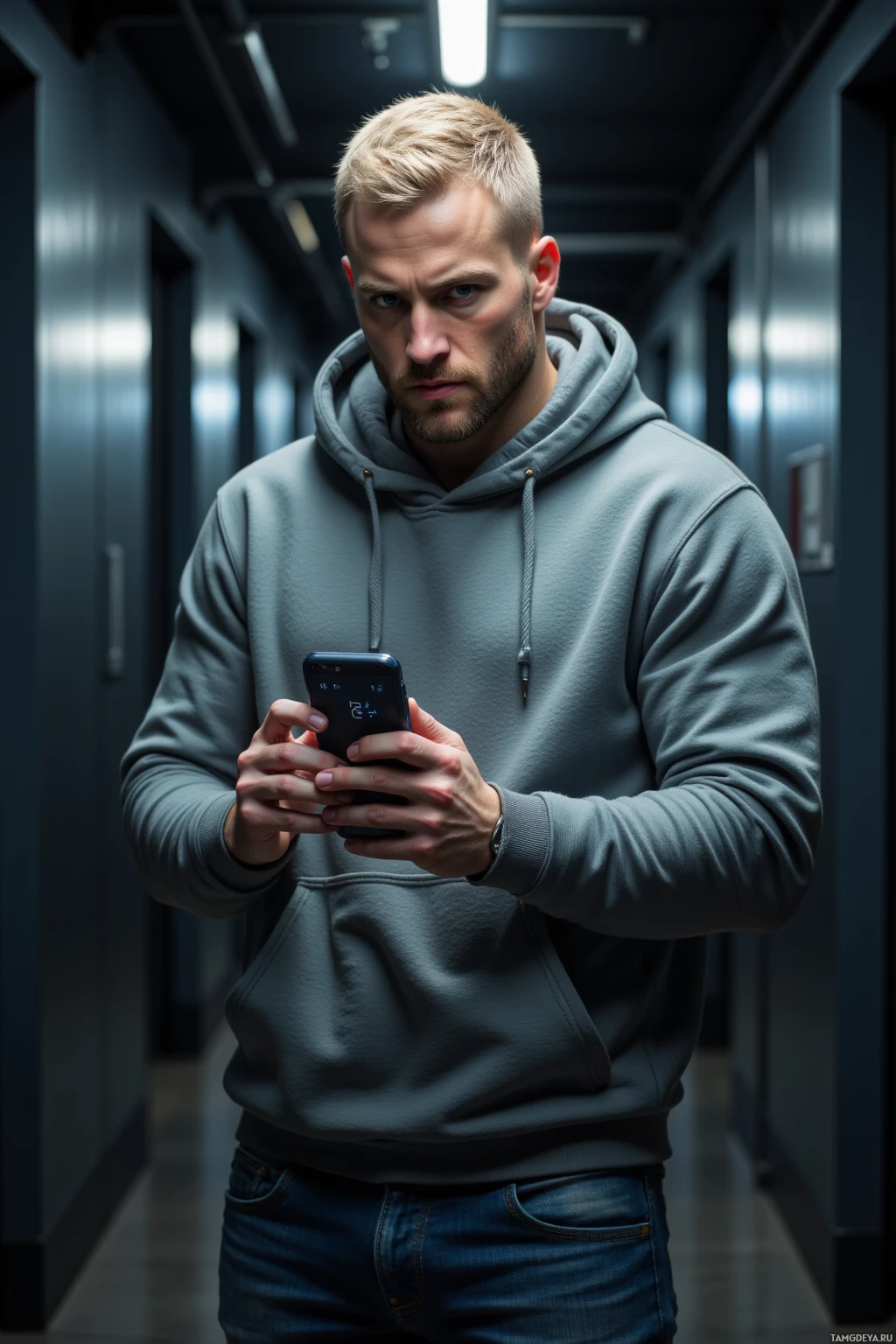 A person in a hoodie stands in a hallway, holding a smartphone.